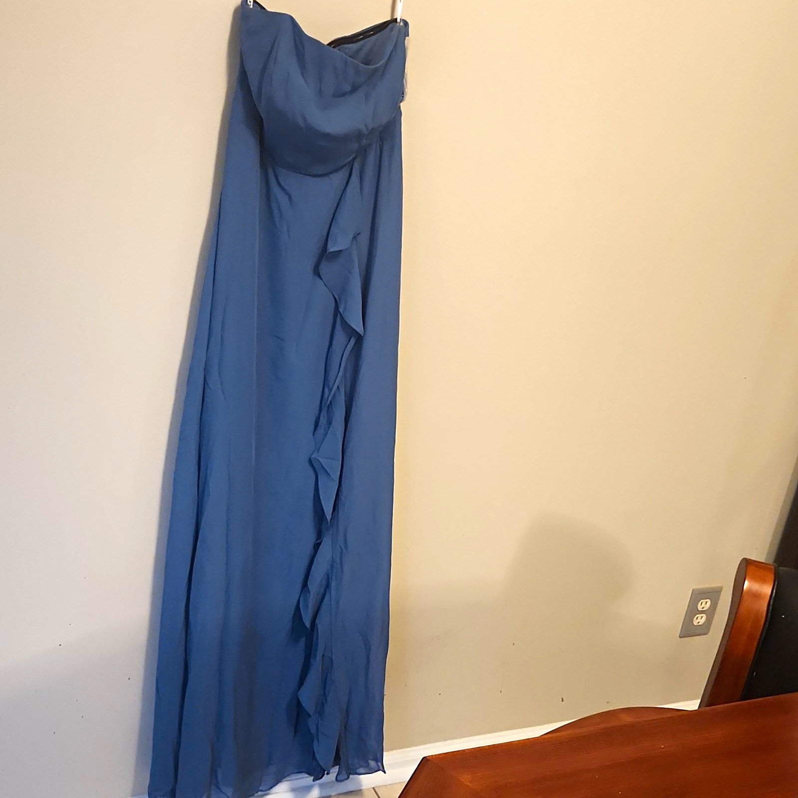 Blue Long Chiffon Strapless Sweetheart Ruffle Maxi Dress – M – Removable Straps