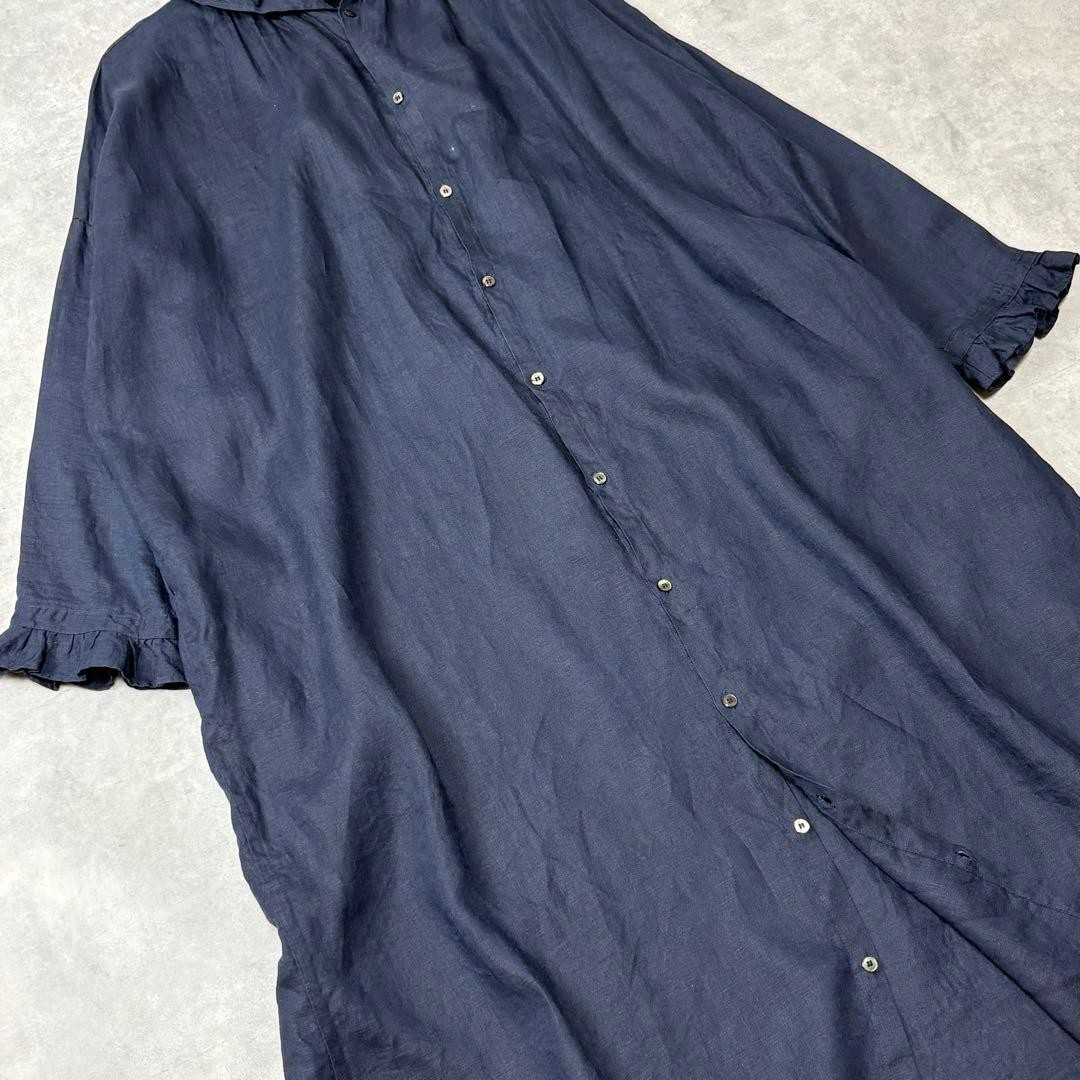 ICHI Antiquités 100% Linen Frill Collar Shirt Dress Japan