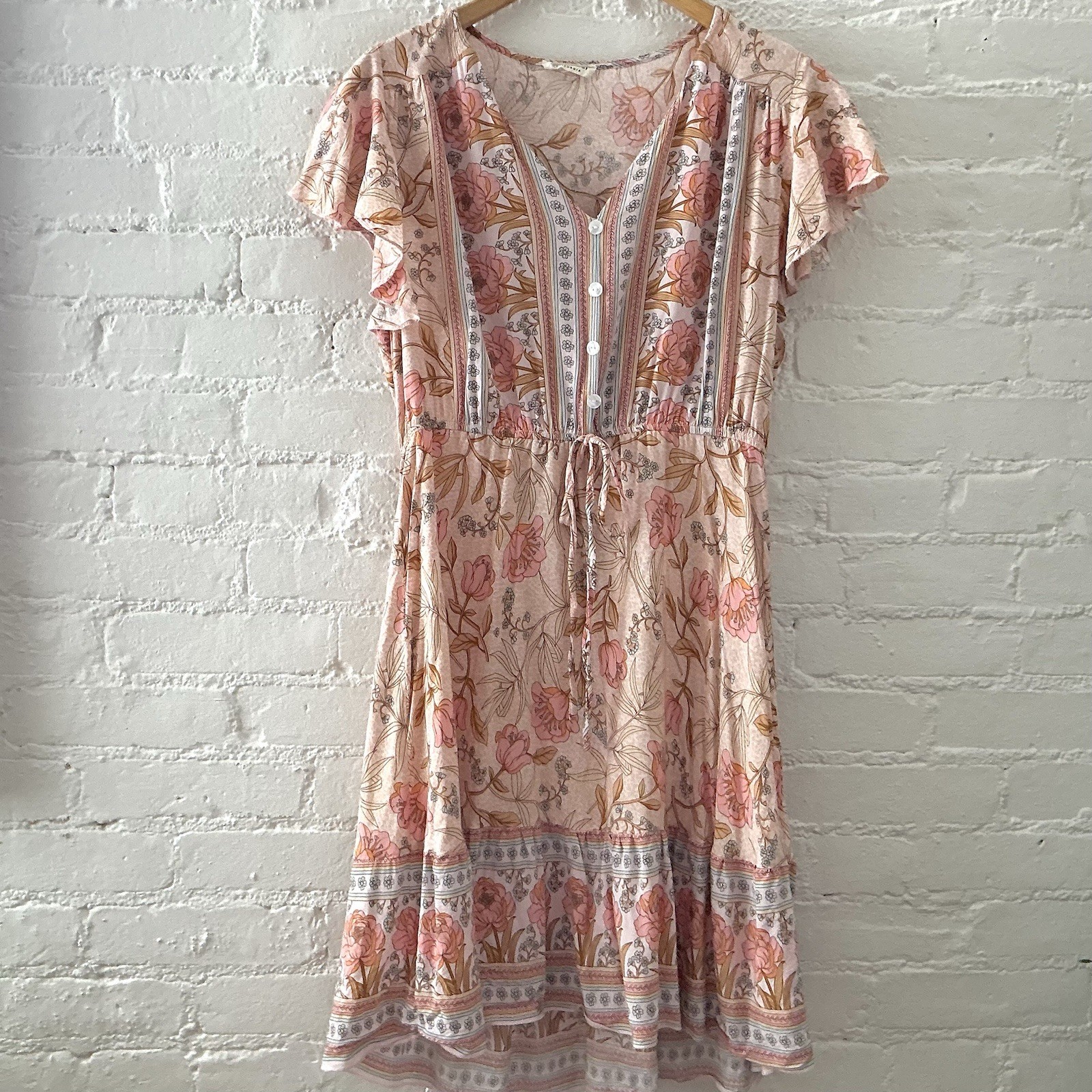 Floral Fairycore Midi Dress Pink Cream XL Boho Tie Waist Flutter Sleeve Whimsy