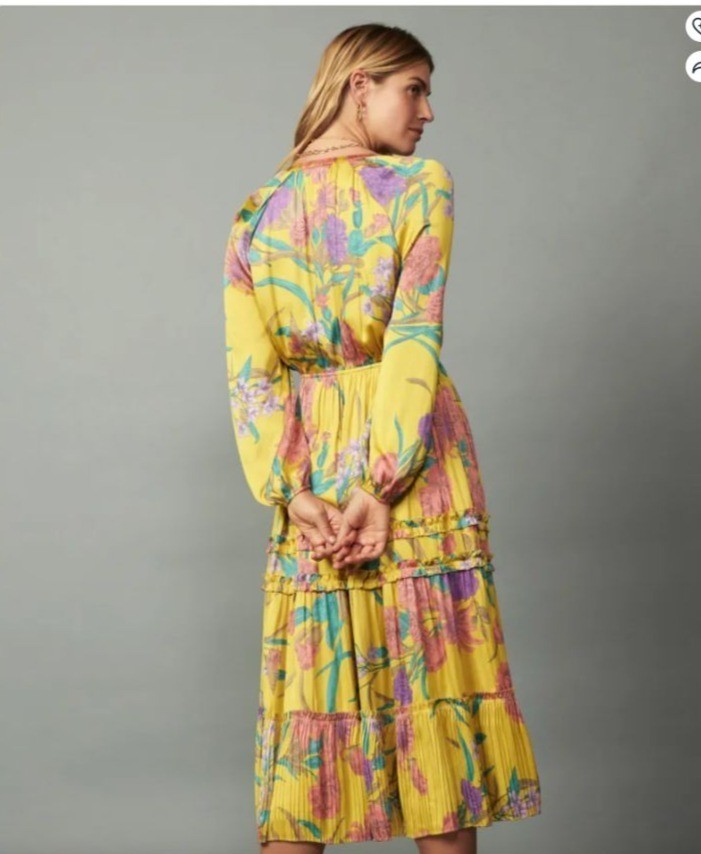Current Air Marigold Floral Maxi Dress V-Neck womens size large long sleeve new