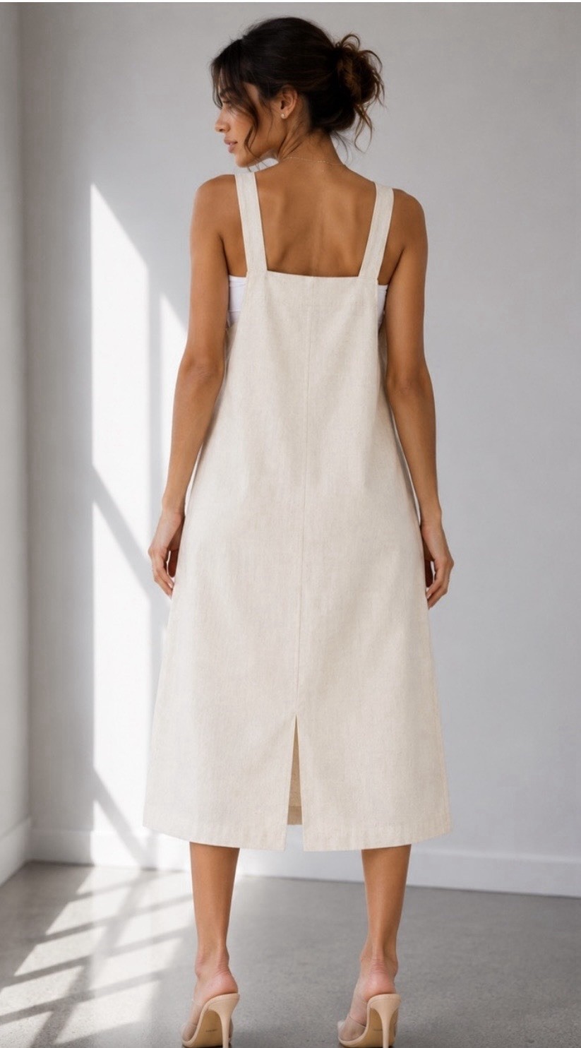 Gilli Women’s Cream Solid Pinafore Midi Dress Square Neck Sleeveless Pockets