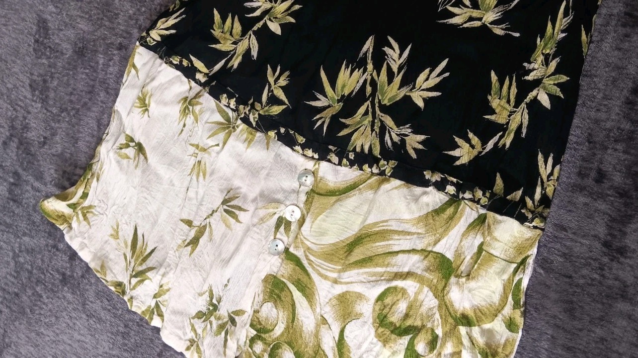 Vintage CASUAL STUDIO Black/GreenFloral Linen Dress Square Neck Short Sleeve M
