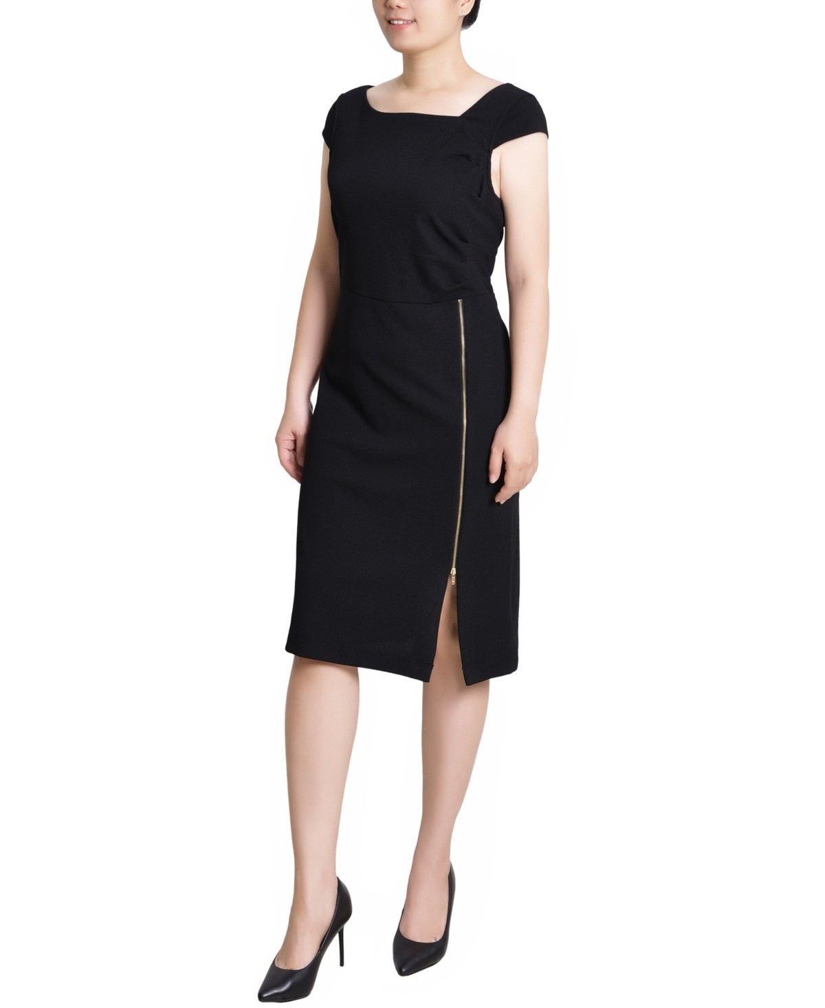 Ny Collection Petite Exposed Zipper Cap Sleeve Dress Women’s PM Black Back Zip