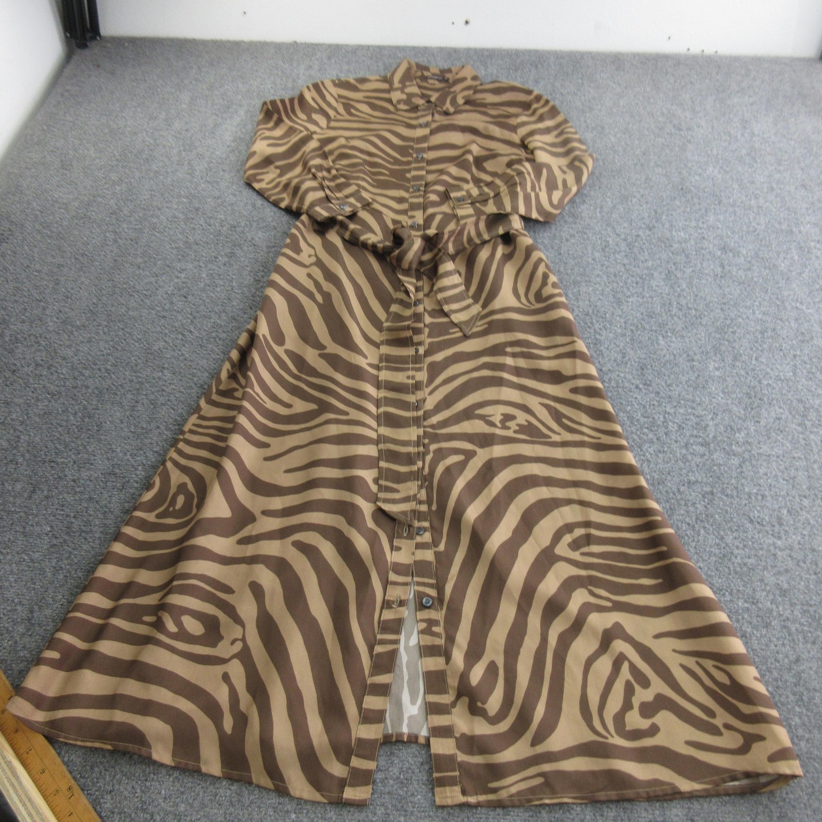 J. McLaughlin Dress Womens XS Brown Animal Print Silk Shirt Maxi Belted Safari