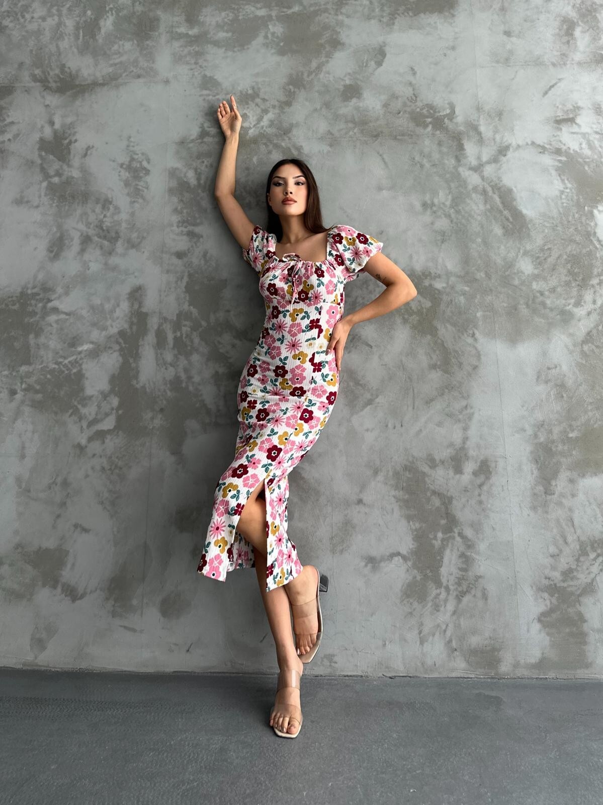 Mixed Patterned Pink Wafer Chest Tie Strap Dress