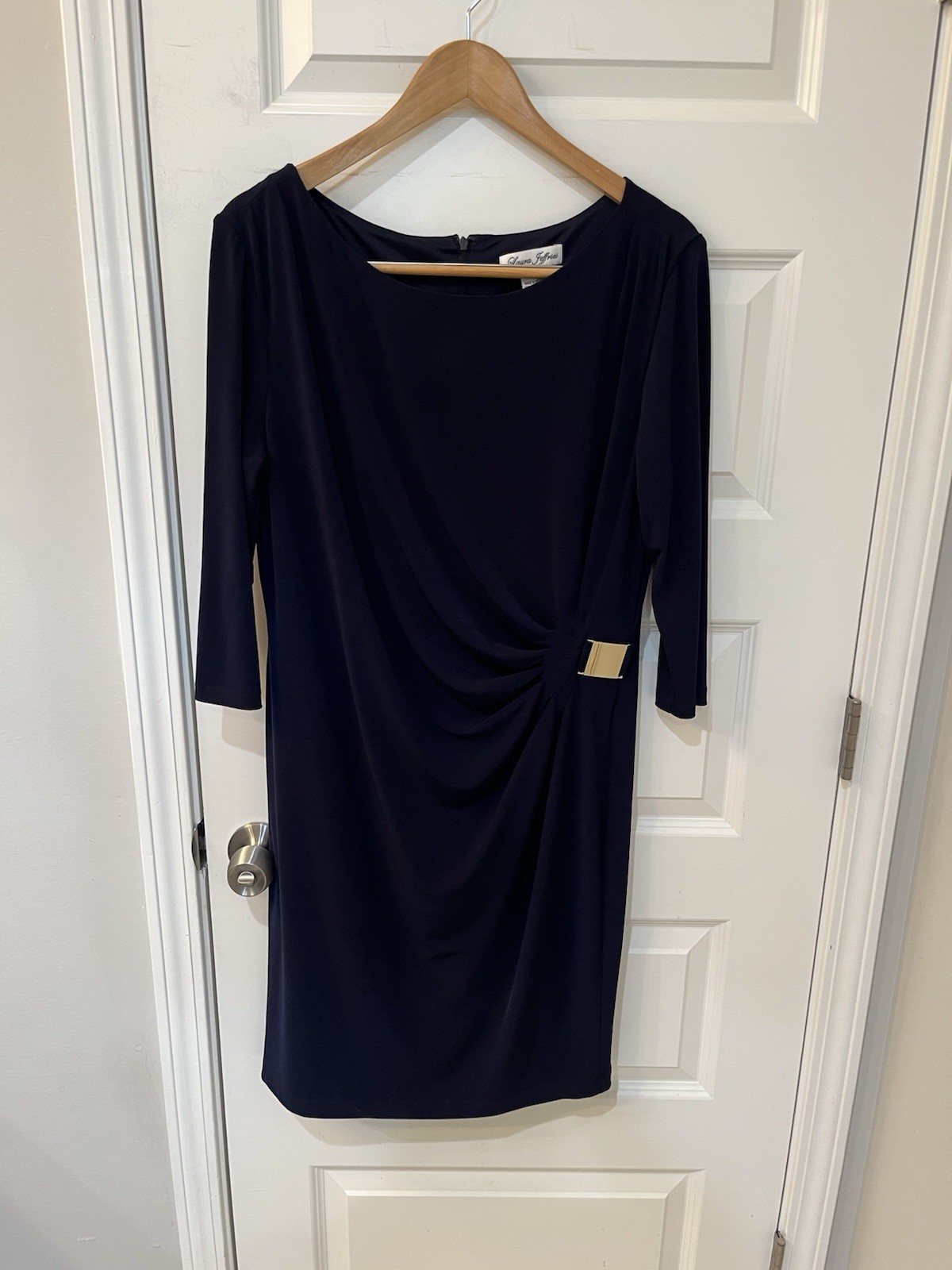 Laura Jeffries Navy Blue Ruched Sheath Dress Gold Buckle Accent Size 16 Classic