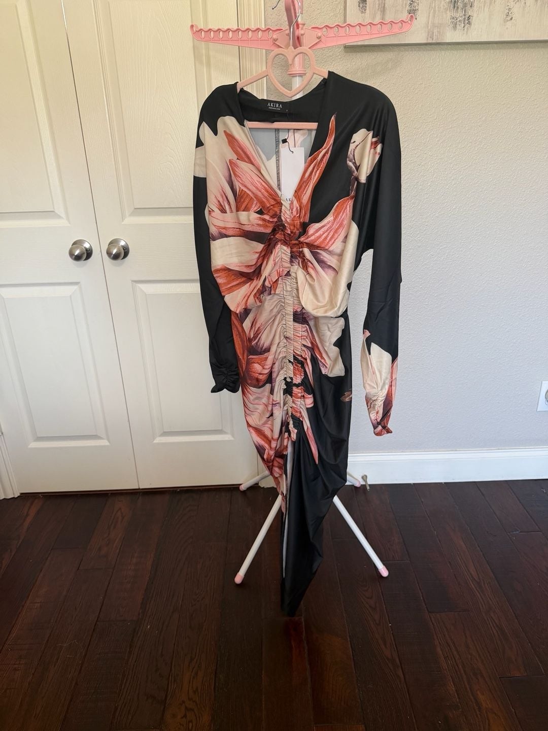 AKIRA Floral Print Long Sleeve Ruched Midi Dress