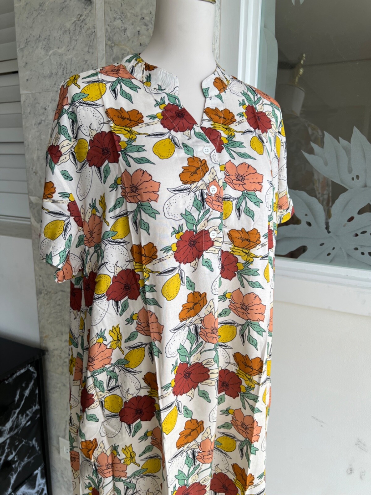 0001/ Three Buttons Mandarin Neck Dress, Lightweight, Homewear, Loose Dress