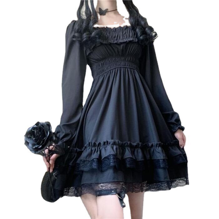 Women Retro Gothic Lolita Cute Dress Girl Ruffle Black Puff Sleeve Dress Cosplay