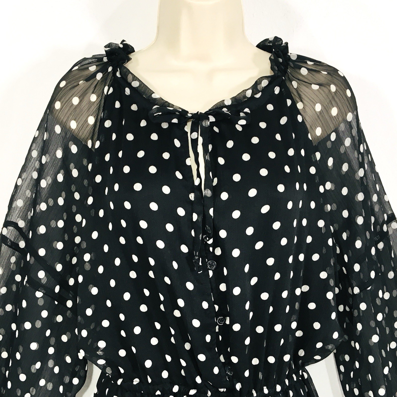 On 34th Polka Dot Chiffon Dress Sz L Sheer Sleeves Stretch Waist Fairy Whimsy