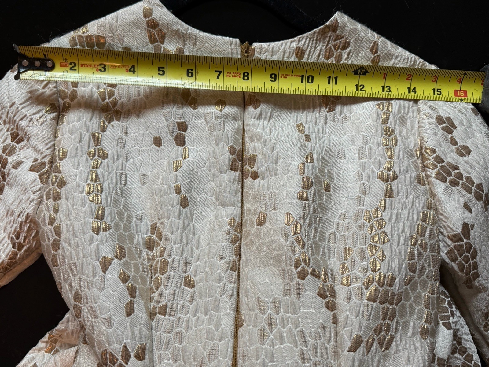 Ivory Gold Jacquard Geometric Fit & Flare Knee Dress 3/4 Sleeve Size S