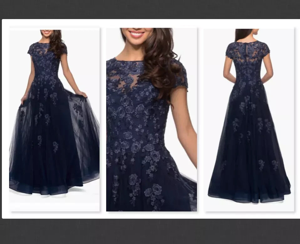 La Femme Embellished Mesh‎ A-Line Ball Gown 26907 in Navy Size 14 #B823