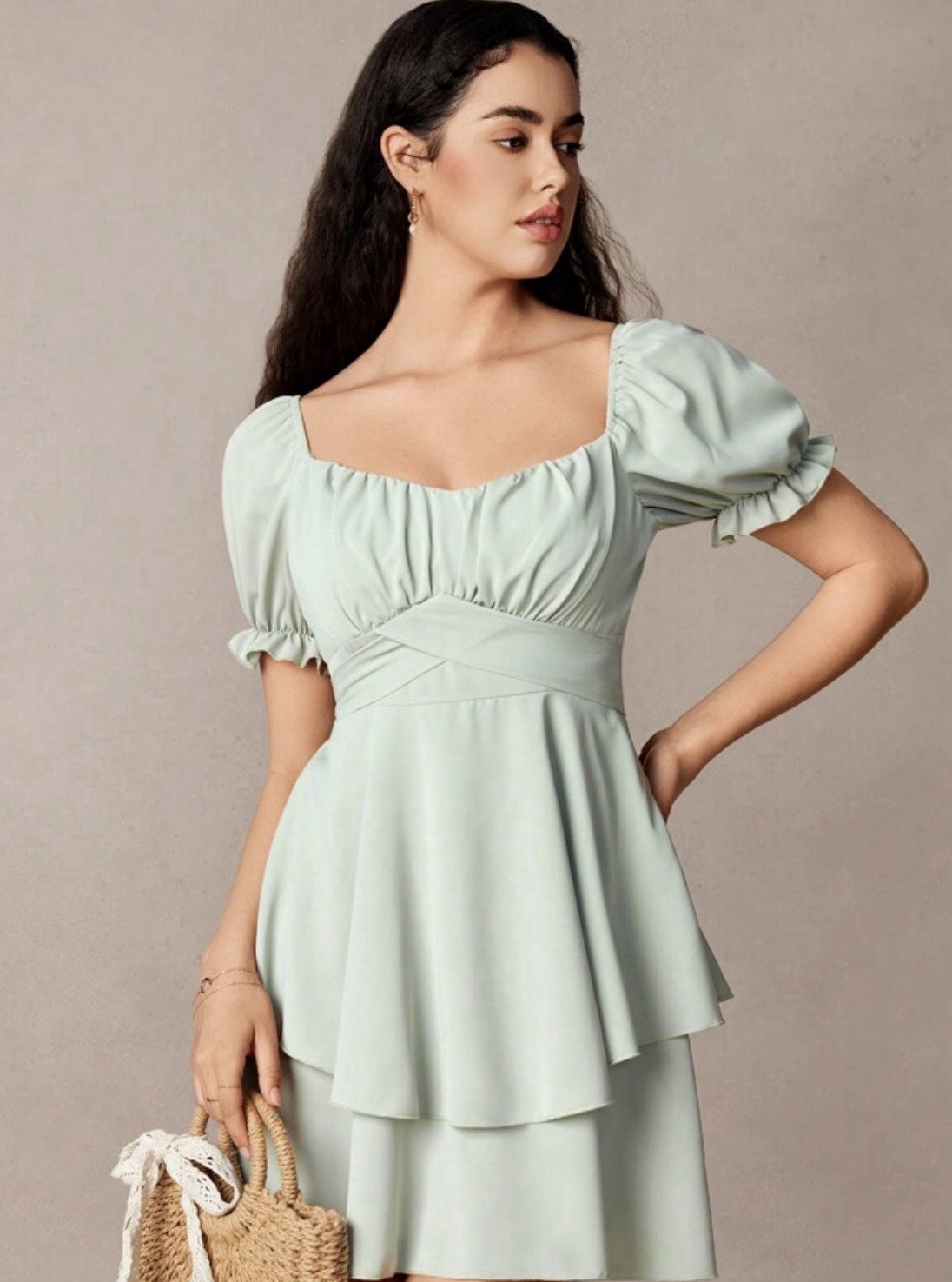 Women’s Mint Green Solid Midi Dress Square Neck Puff Short Sleeve Smocked Ruffle