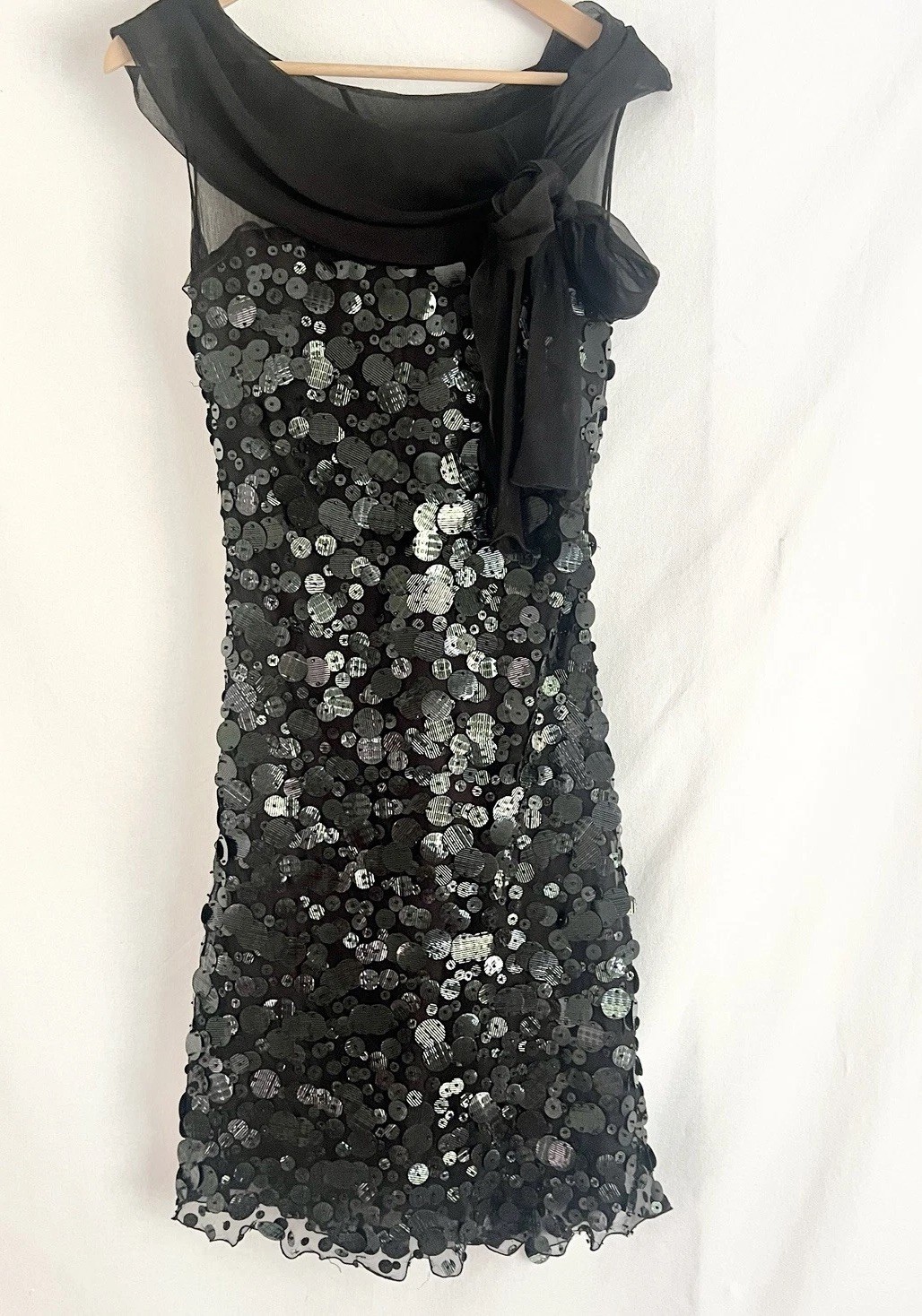 90s Moschino Black Silk Paillette Sequin Cocktail Sheath Bow Evening Dress Italy
