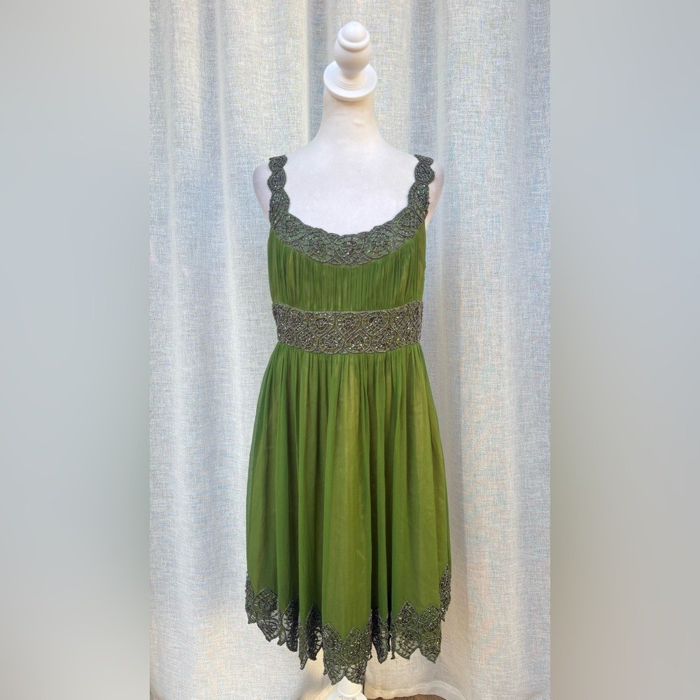 Adrianna Papell Evening mini green silk silver beaded dress