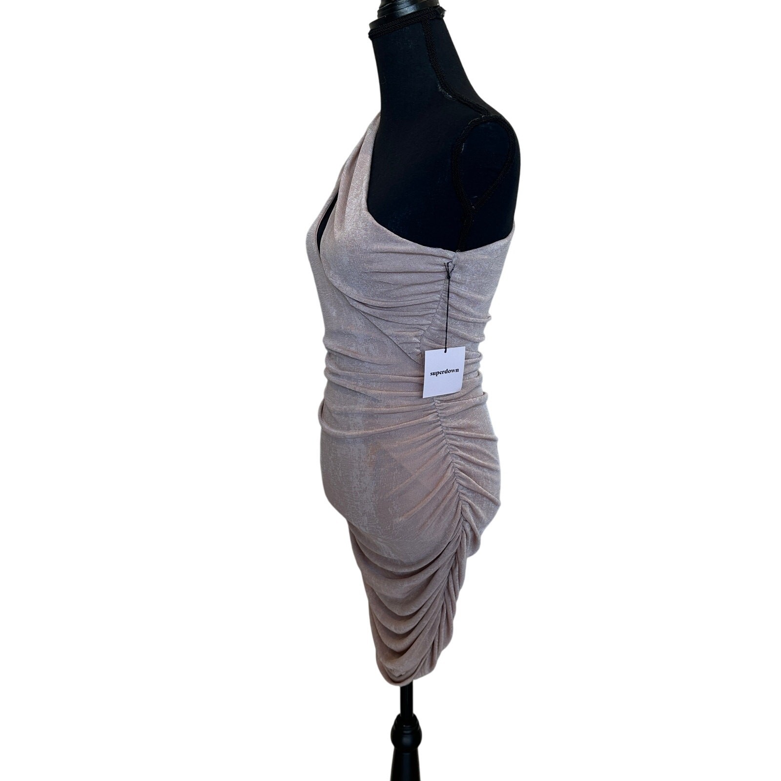 Superdown Nude Slinky One Shoulder Mini Dress MEDIUM Ruched Revolve Cut Out NEW