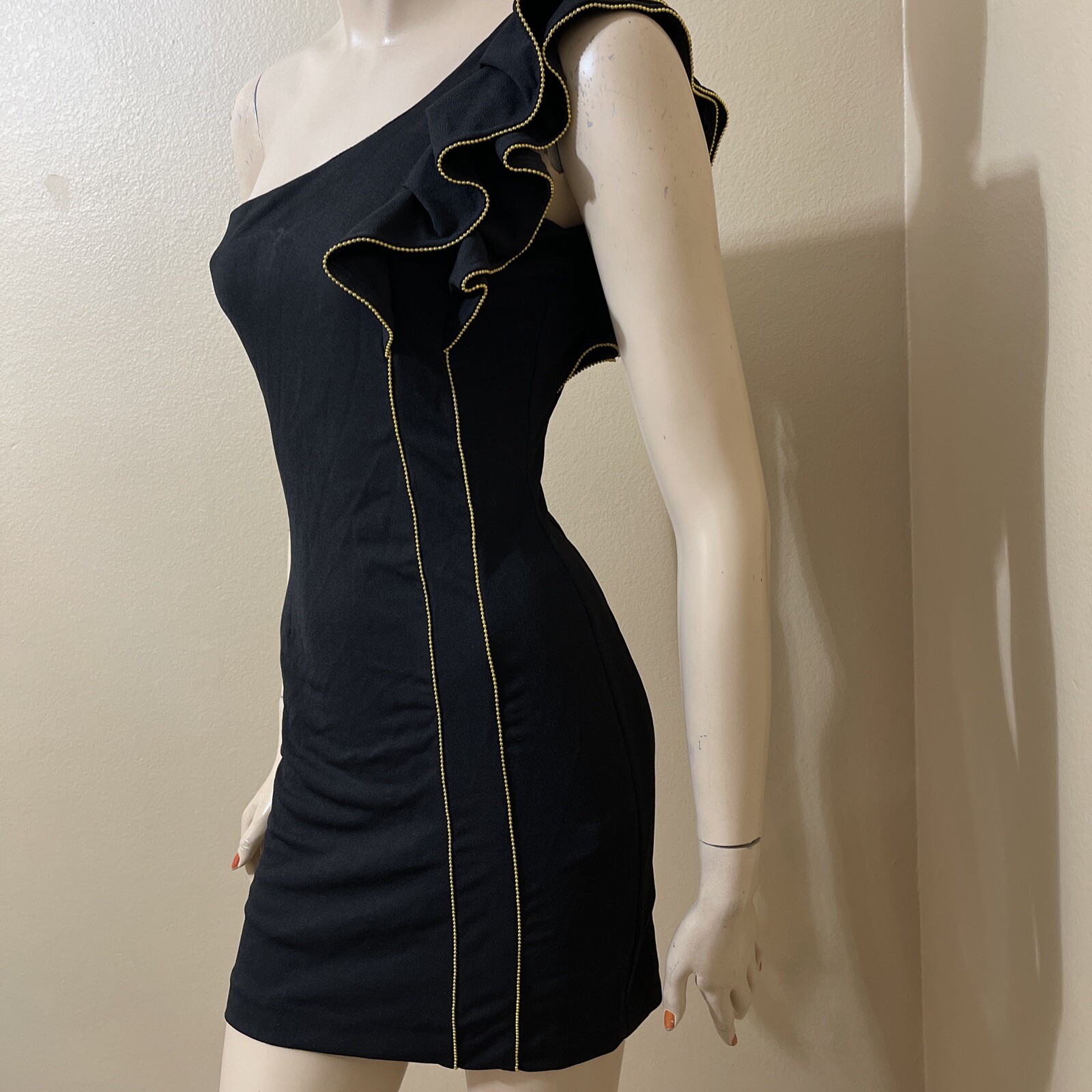 Women Black Polyester Party Stretch Slim Asymmetric Lined Beads Zip Size S Dress