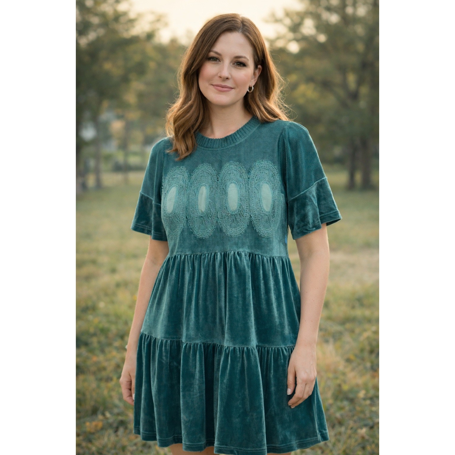 Fate Teal Mini Dress Velvet Knit Lace Applique Tiered Short Sleeve Small NWT