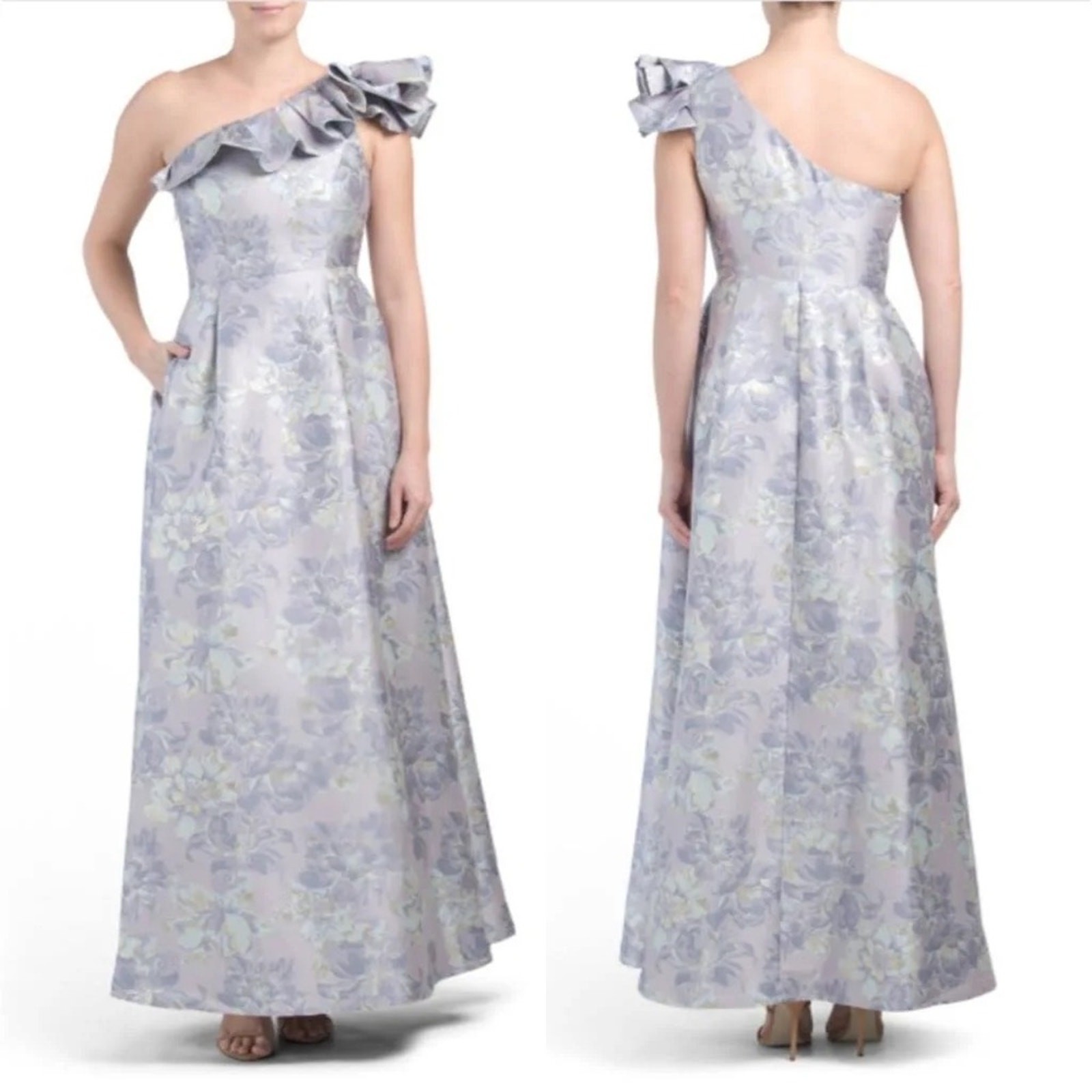 NWT $229 Marina Women’s One Shoulder Floral Jacquard Metallic Maxi Gown, Sz 8