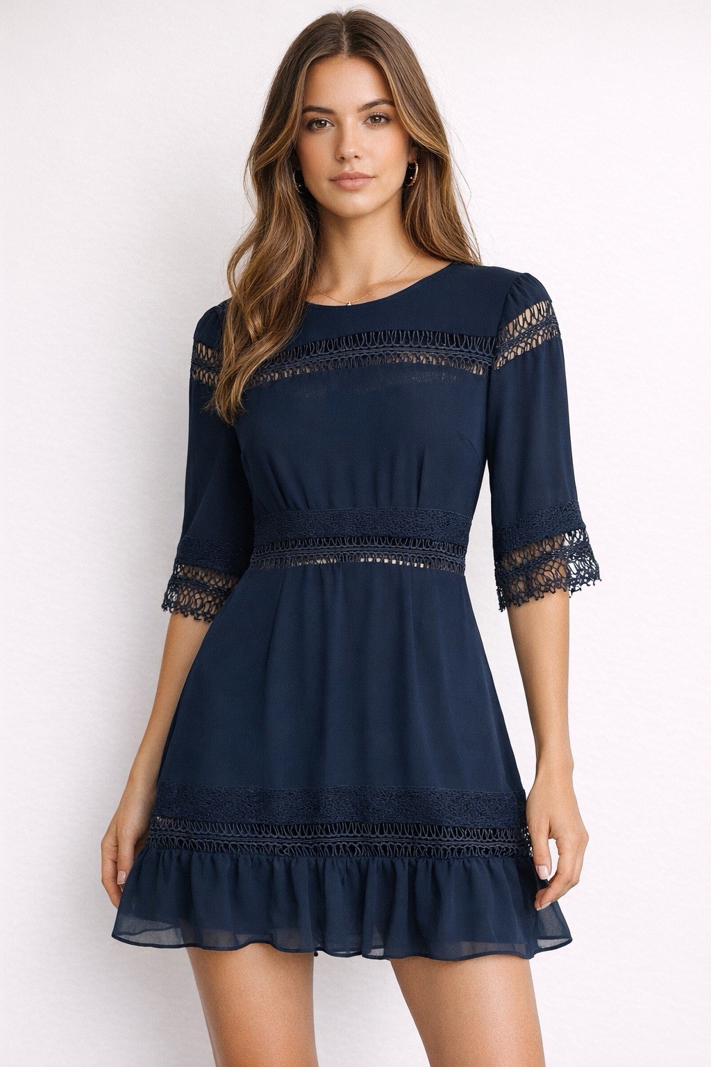 Tularosa Asher Dress Sz Small Blue Embroidered Lace Trim Sheer Open Panel Ruffle