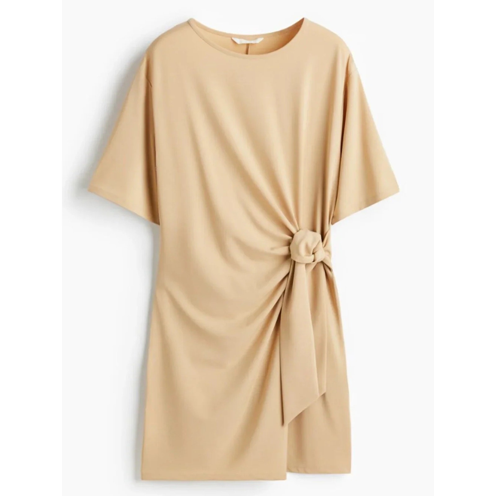 1101 – H&M Beige Knot Front Short Sleeve Dress Minimalist SizeMedium – NWT