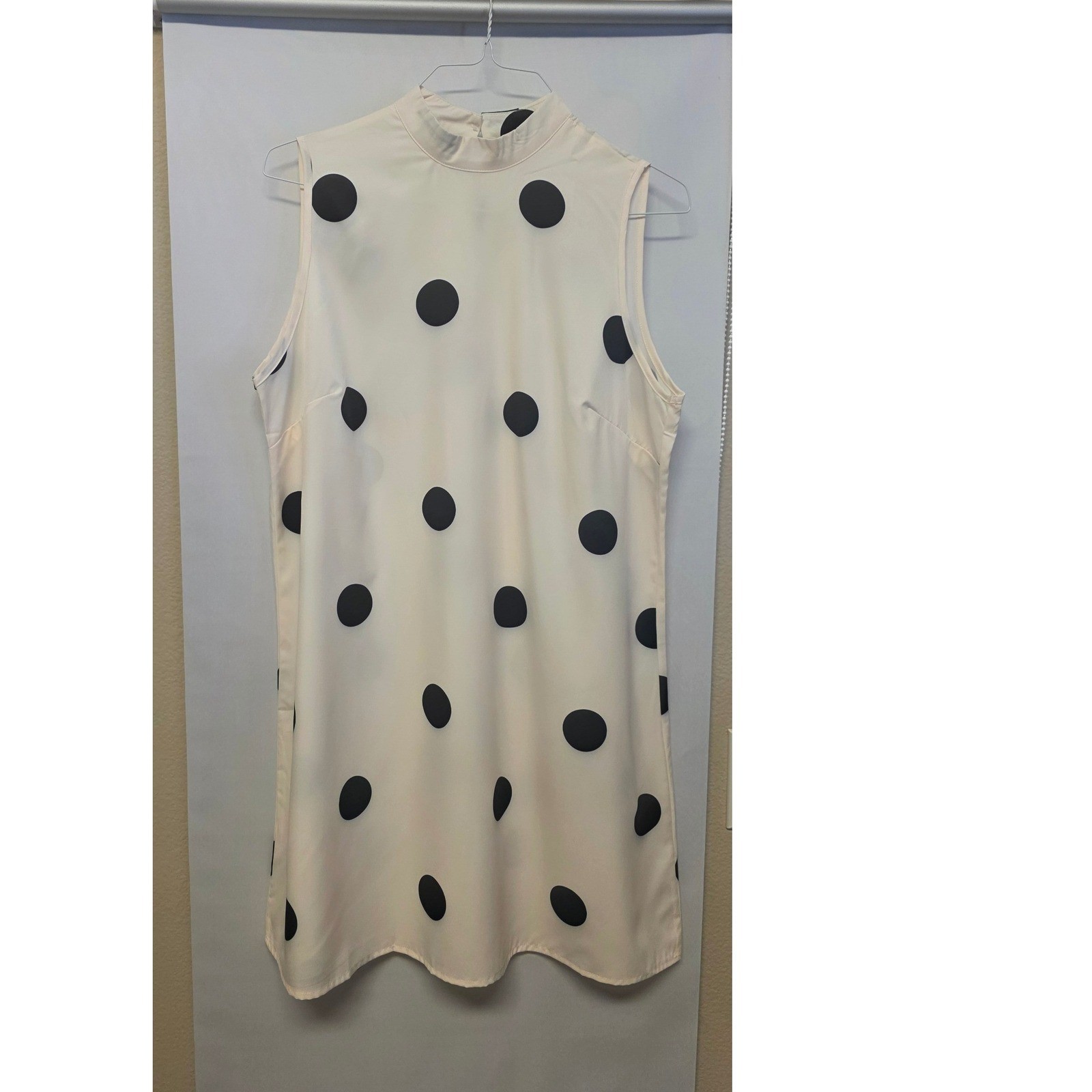 Womens XL Cream/Black Polka Dot Mock Neck Sleeveless Shift Dress Keyhole Back