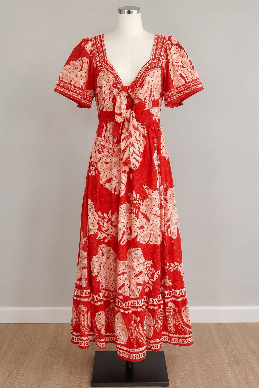 Farm Rio Red Tropical Eyelet Maxi Dress Tie Front Puff Sleeves Brazil Size P