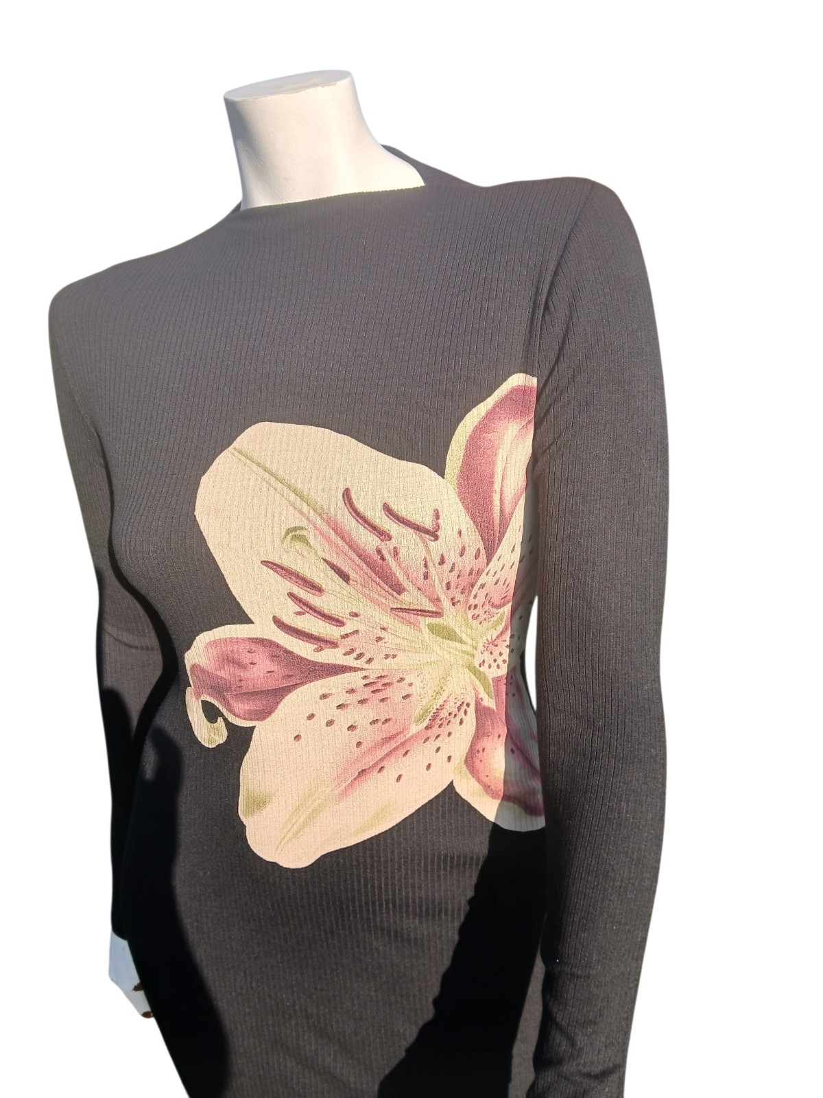 Desigual Black Lily Orchard Rib Midi Dress L Stretch Viscose Long Sleeves