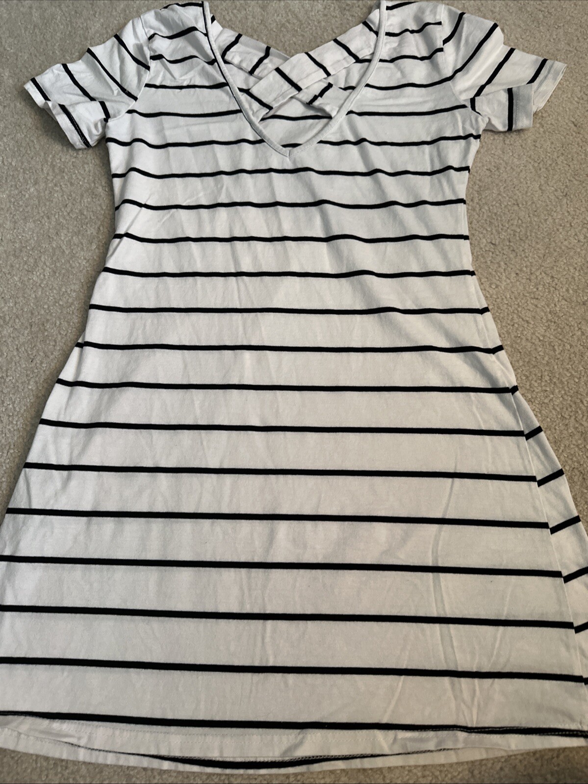 Feager Women’s Black & White Striped Dress Criss Cross Back Size S Short Sleeve