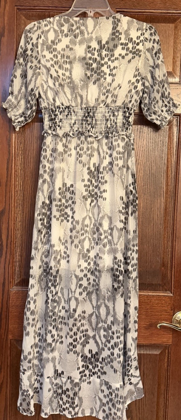Express Snakeskin High-Low Chiffon Maxi Dress XS Smocked Waist Ruffle Python