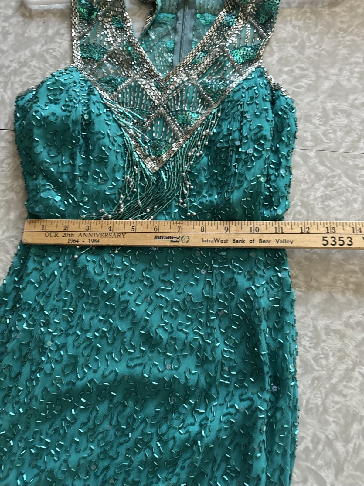 Cache Beaded Sequined Teal Formal Evening Dress Sz 8 Party 90s Y2K Flapper NYE