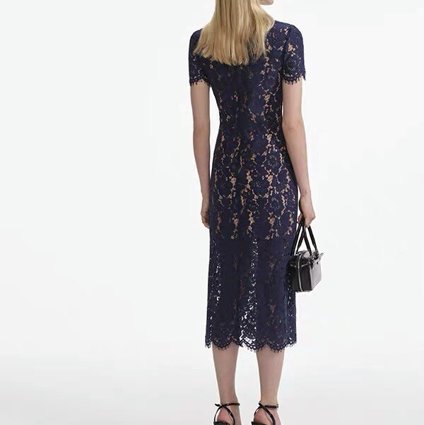 Self-Portrait Dark blue Lace Splicing Color contrast Flip collar Dresses