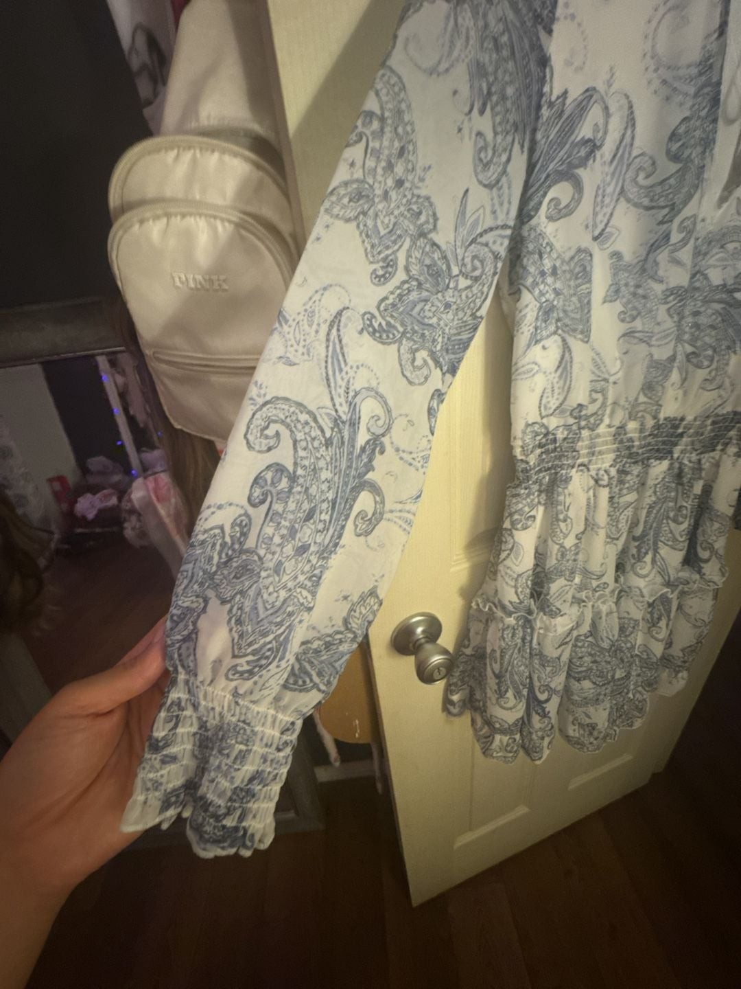 Lila Li Blue and White Paisley Print Long Sleeve Ruffle Mini Dress