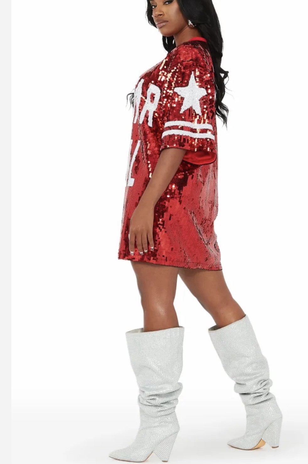ROCKSTAR ORIG Game Day Red Sequin Mini Dress Football Jersey Oversized Sz OS