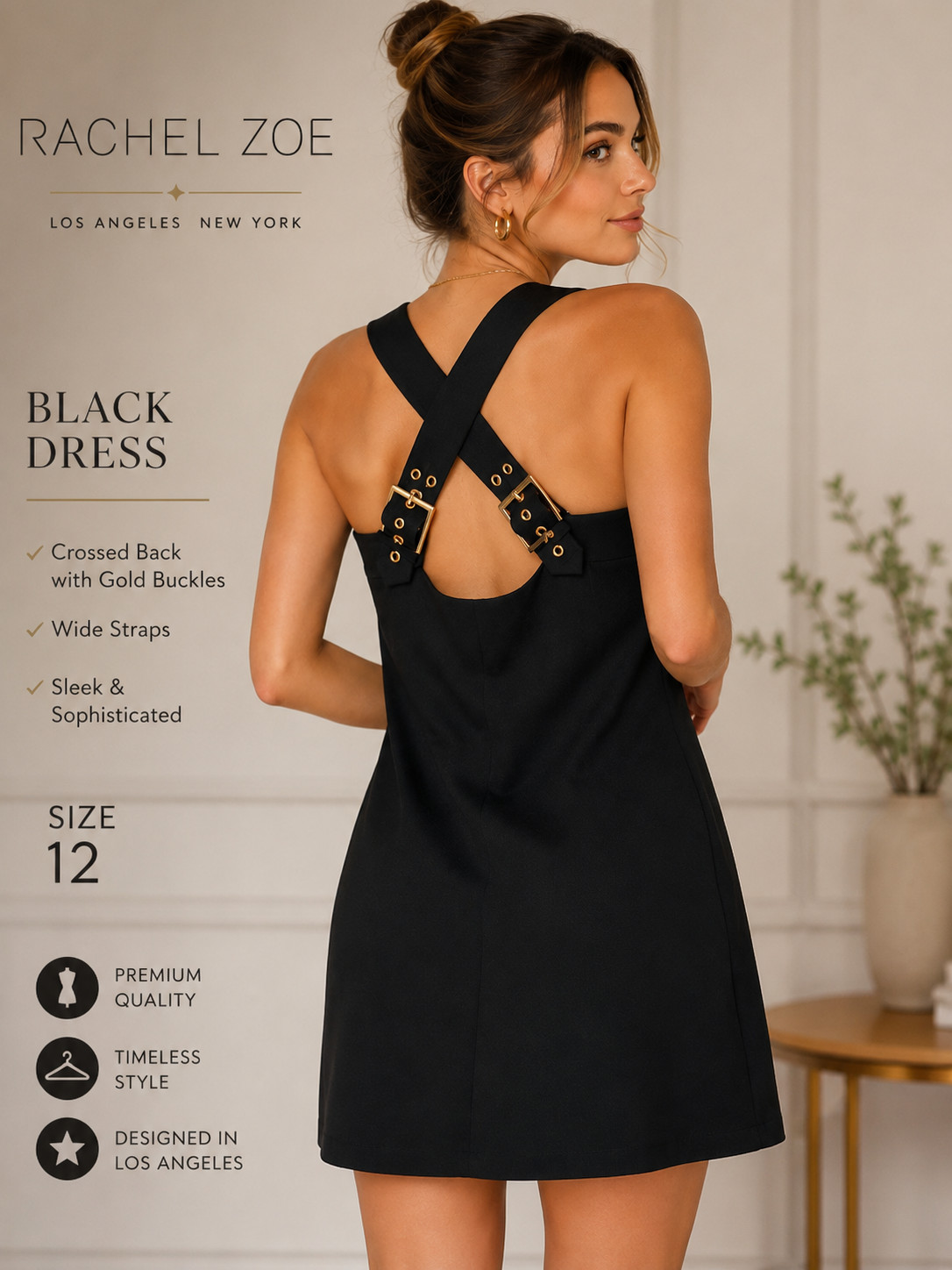 Rachel Zoe Black Mini Shift Dress Gold Buckle Cross Back Sleeveless Women’s NWT