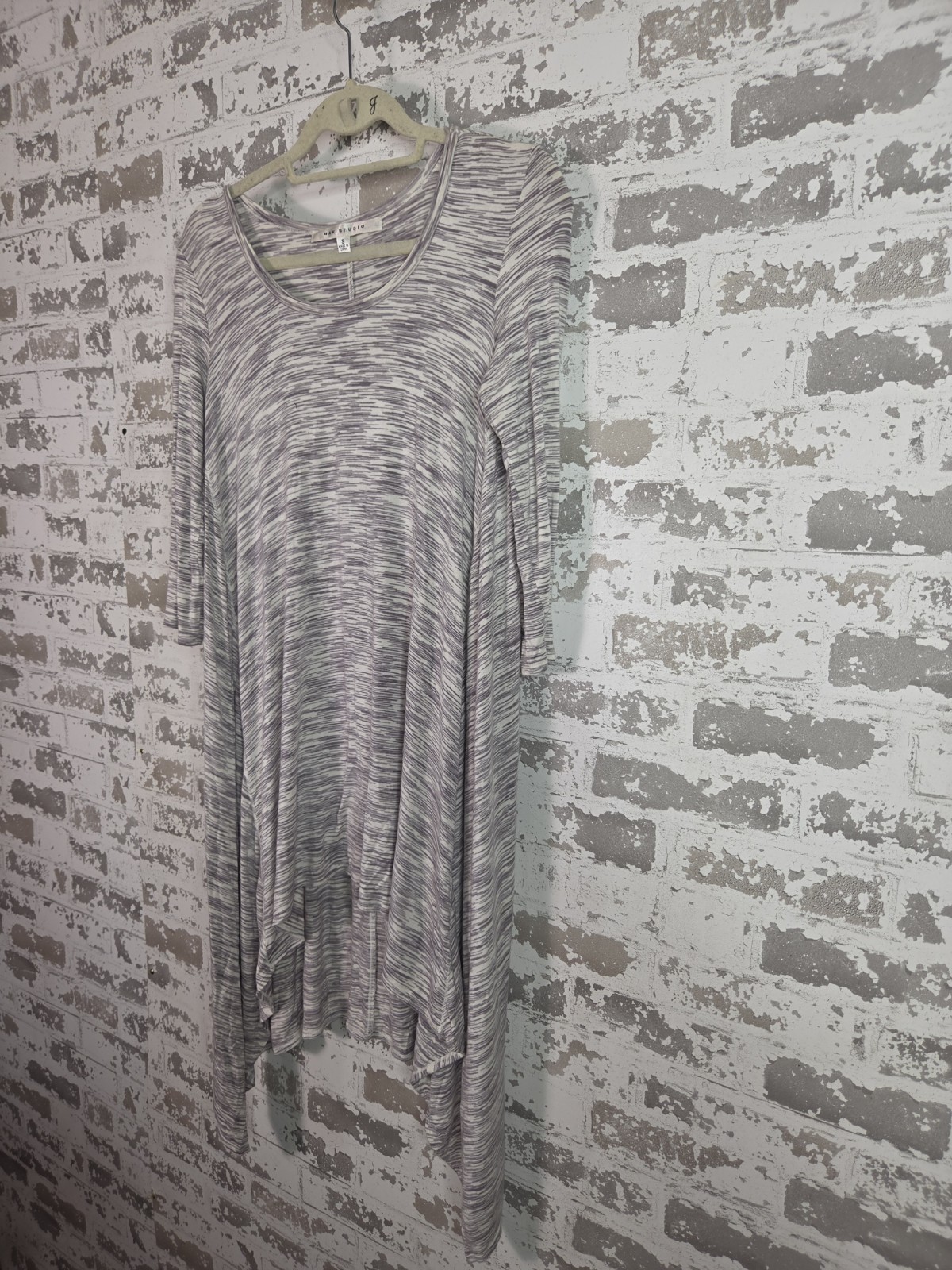 Max Studio Heathered Gray White Scoop Neck 3/4 Sleeve Asym Hem Dress S