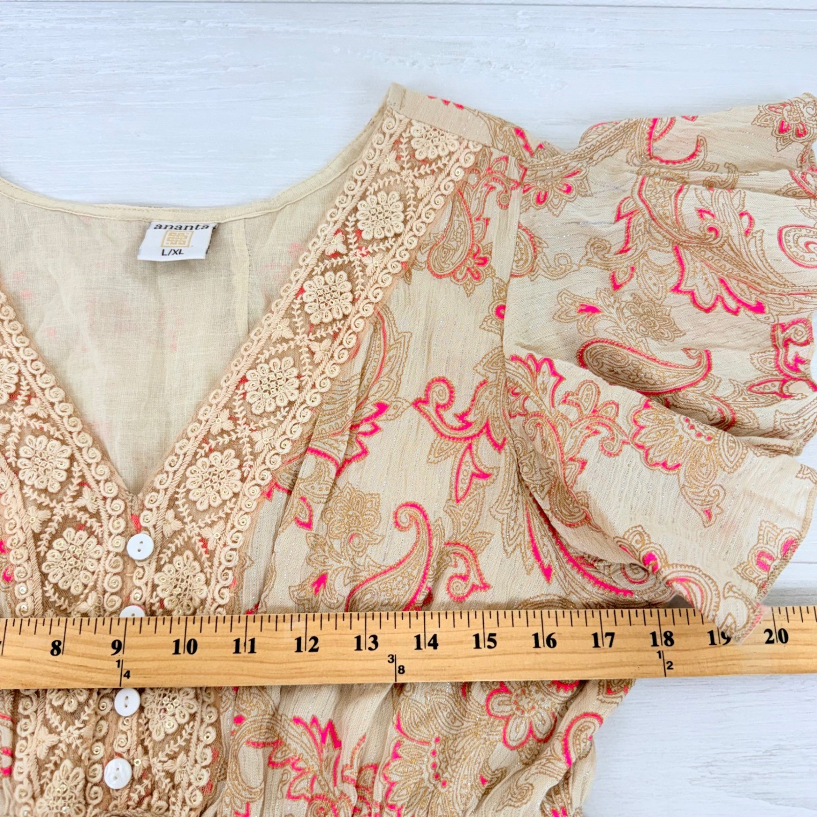 Ananta Paisley Boho Mini Dress Size L Tan Pink Crochet Lace Tiered Ruffle Tie