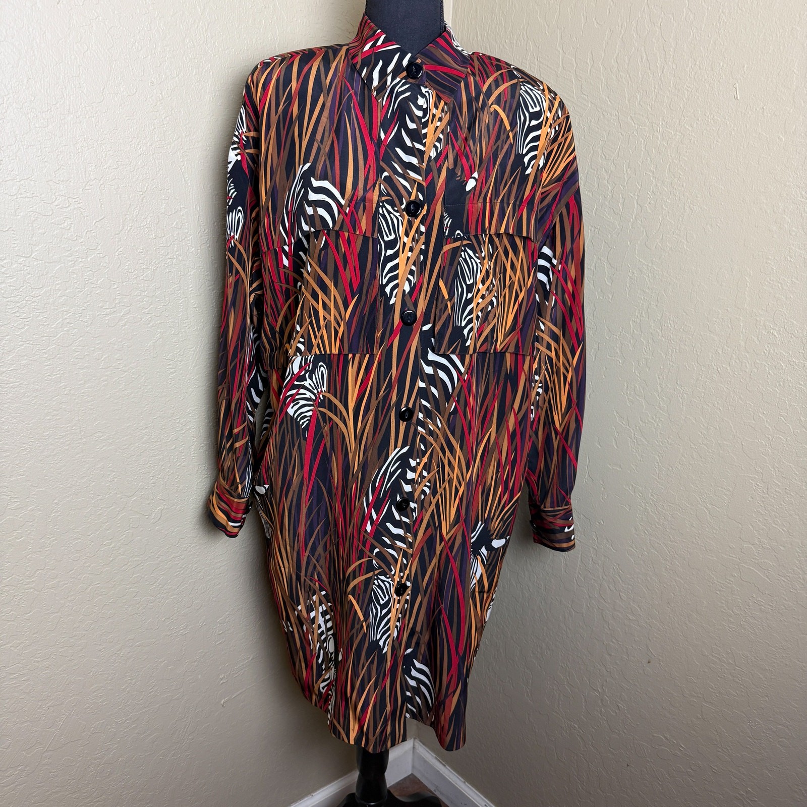 Vintage Linda Allard Ellen Tracy 100% Silk Zebra Safari Print Shirt Dress Sz 10