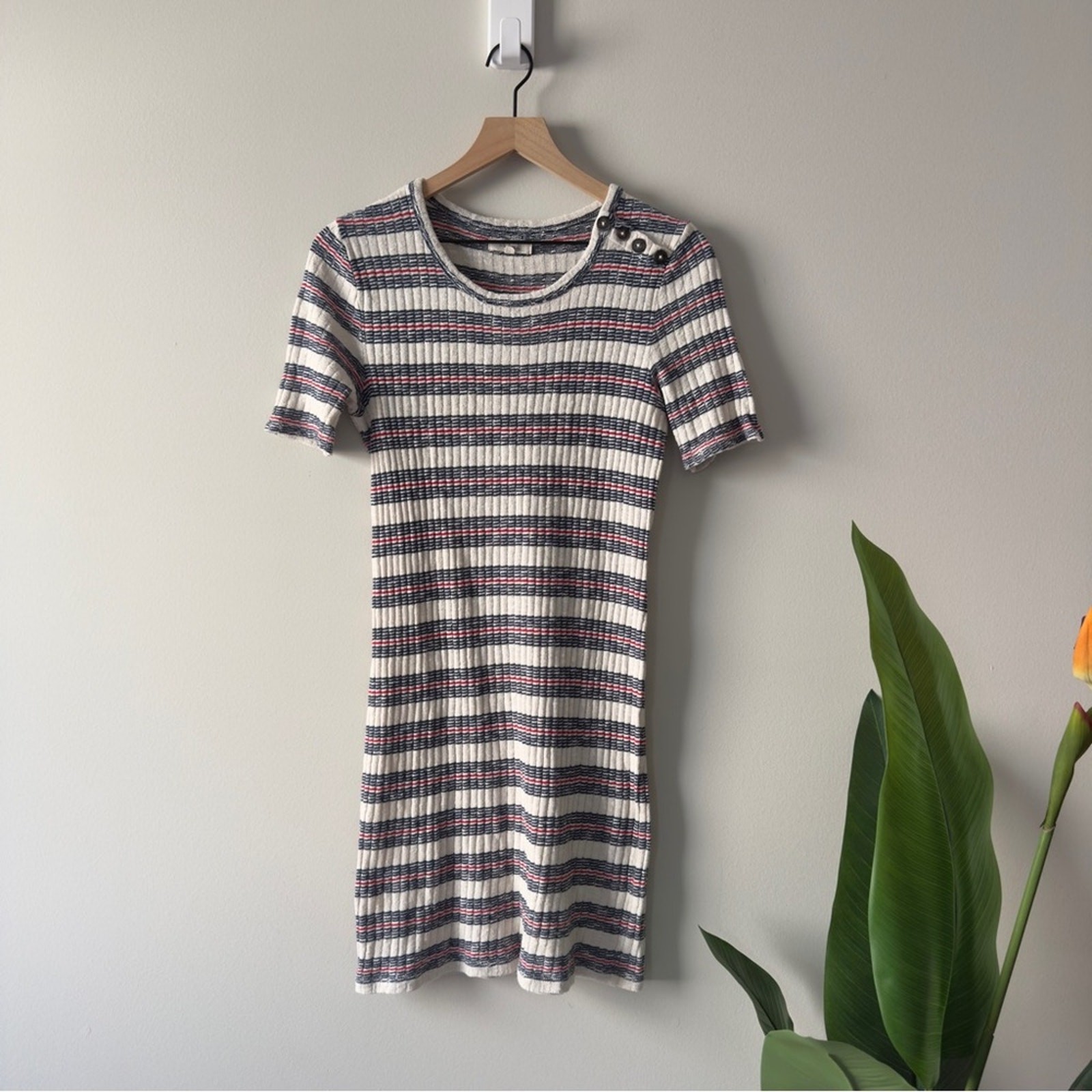 Madewell Ribbed Striped Knit Dress Short Sleeve Bodycon crew neck preppy buttons