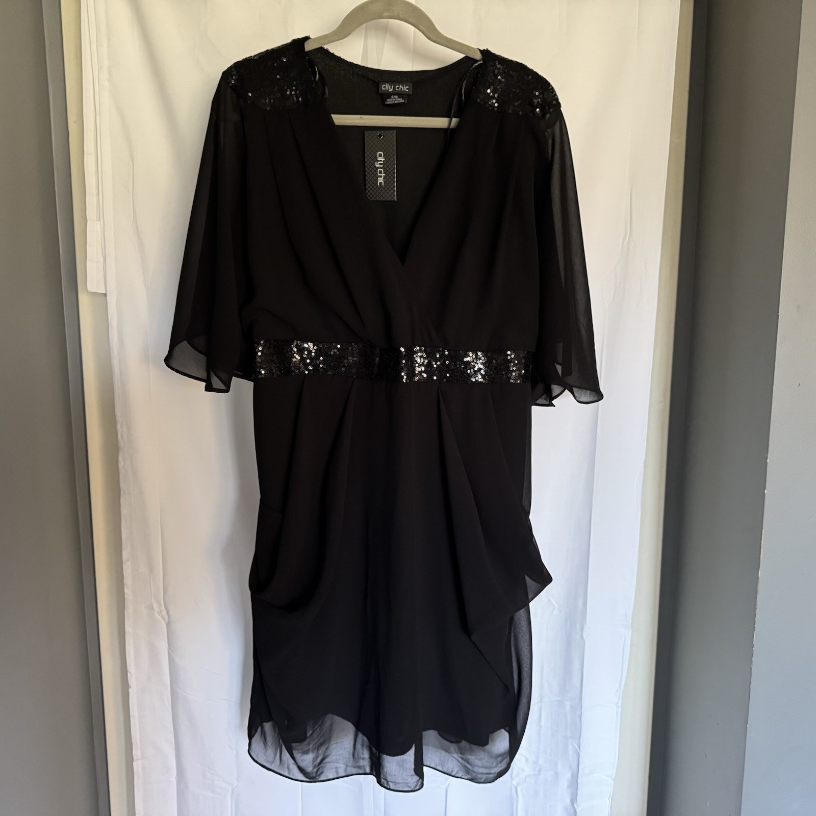 City Chic Black Sequin Wrap Dress S/16 Knee Length Plus Short Flutter Sleeve