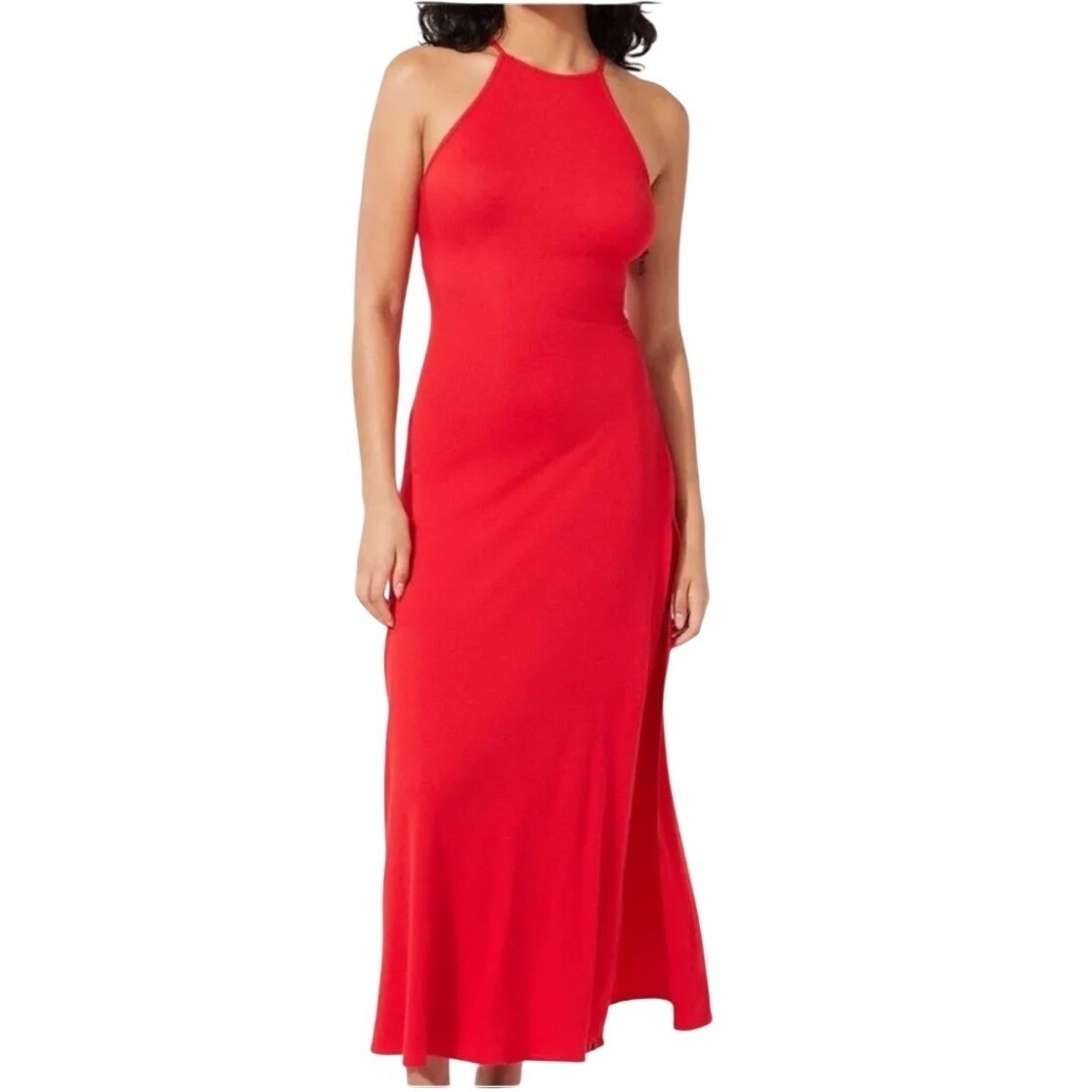 Savage X Fenty Dress Womens 1X Red Rib Xssentials Halter Low Back Maxi Ribbed