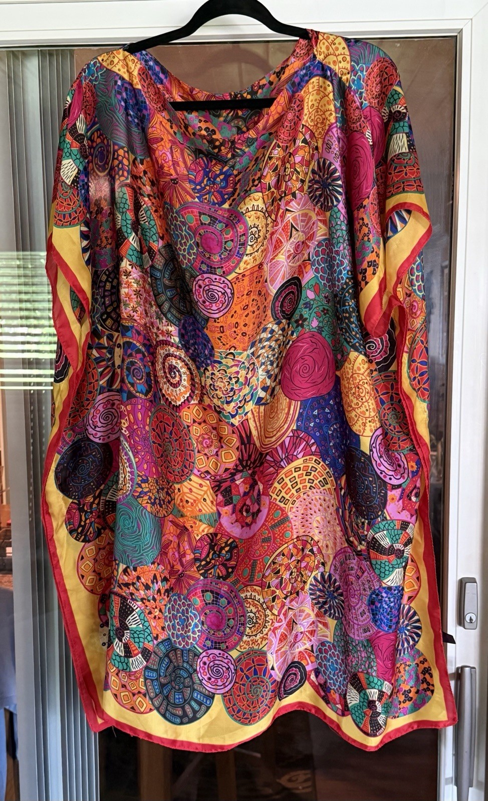 Geometric Print Kaftan Dress Womens One Size Viscose Silk Satin Knee Length