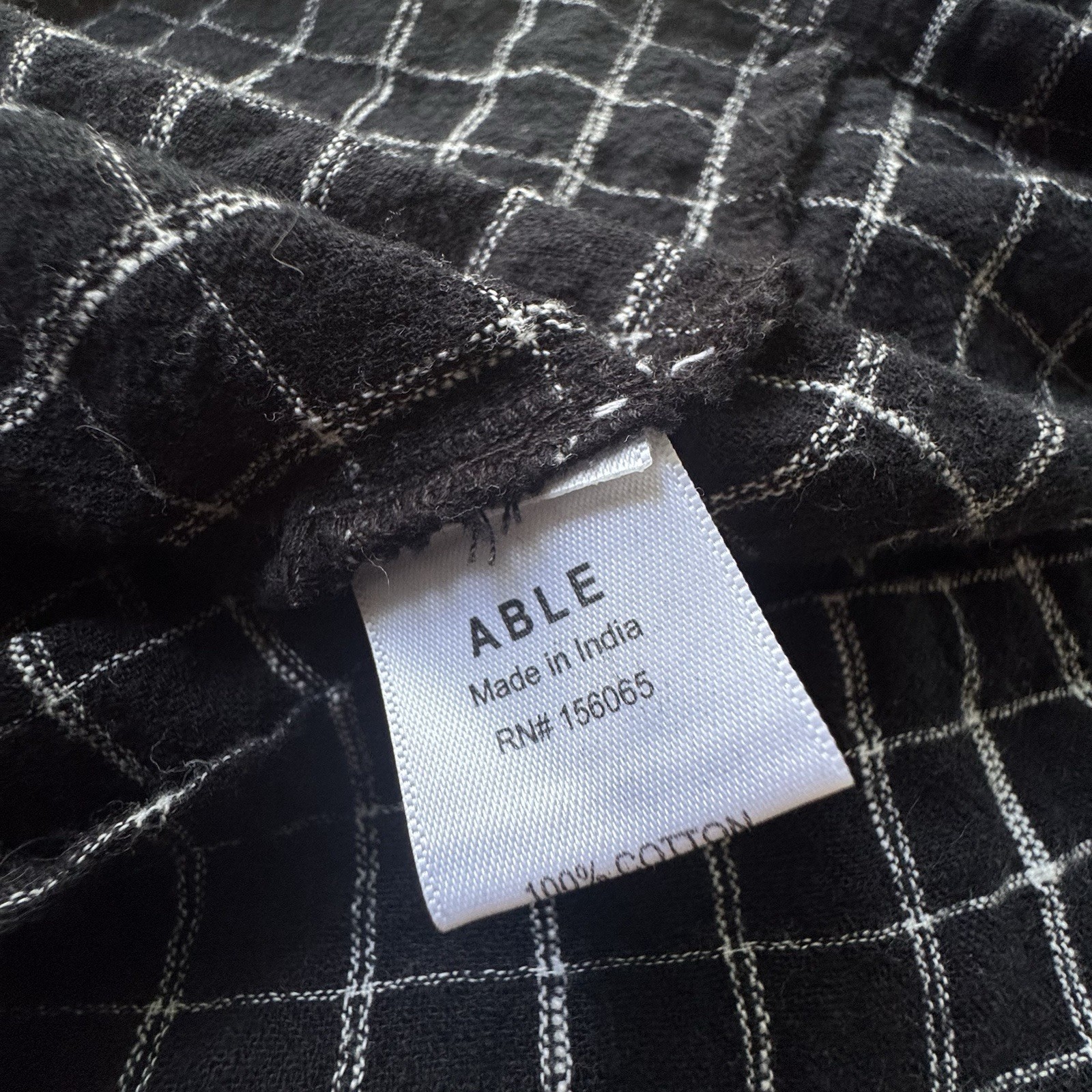 ABLE Nico Black White Windowpane Cotton Babydoll Swing Dress Puff Sleeve Size M