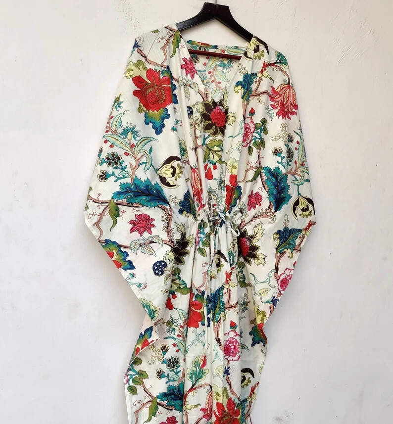 Indian Vintage 100% Cotton Long Beach Maxi Kaftan Dress One Size Caftan Kimono