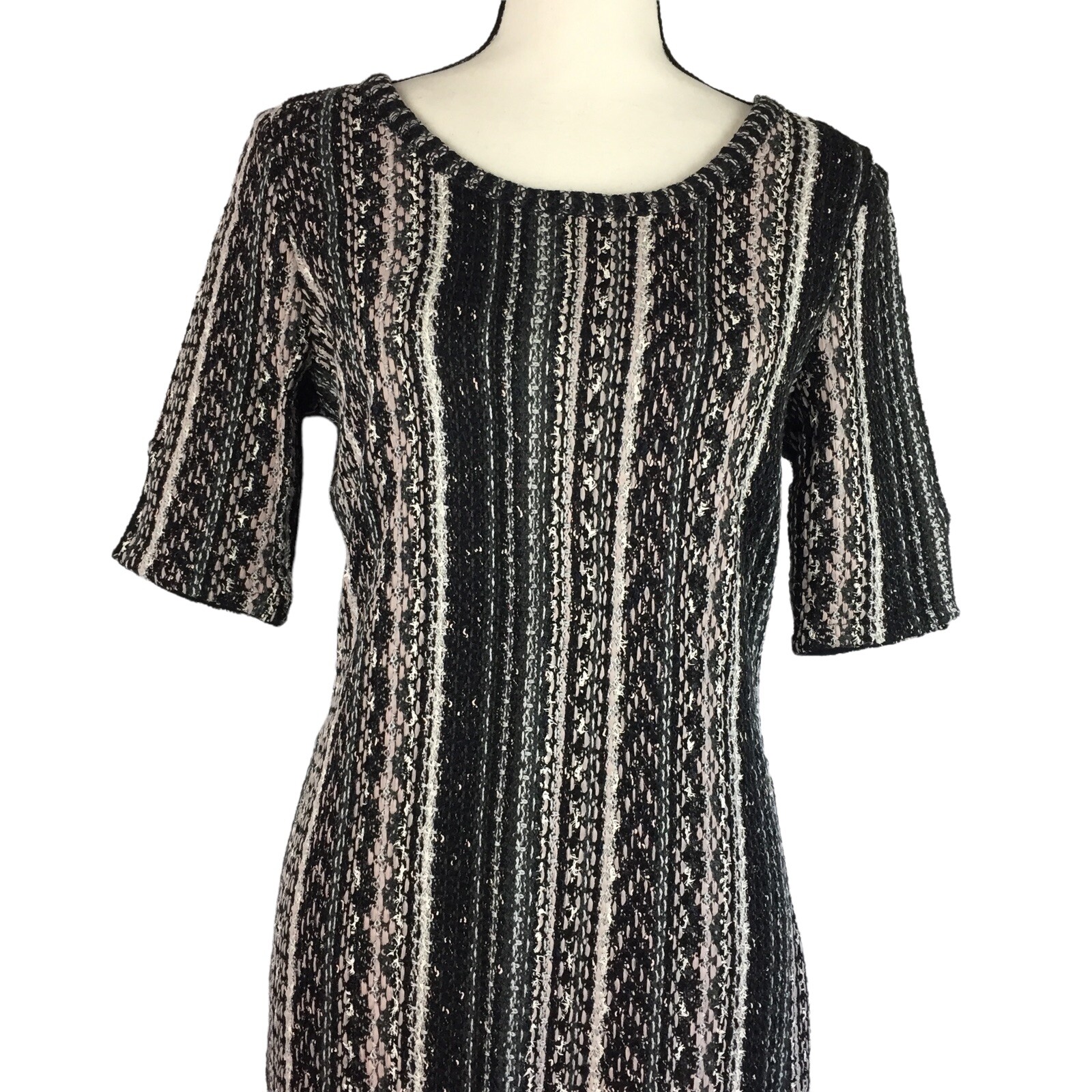 St. John Vertical Striped Tweed Sheath Dress Size 4 Half Sleeve Round Neck