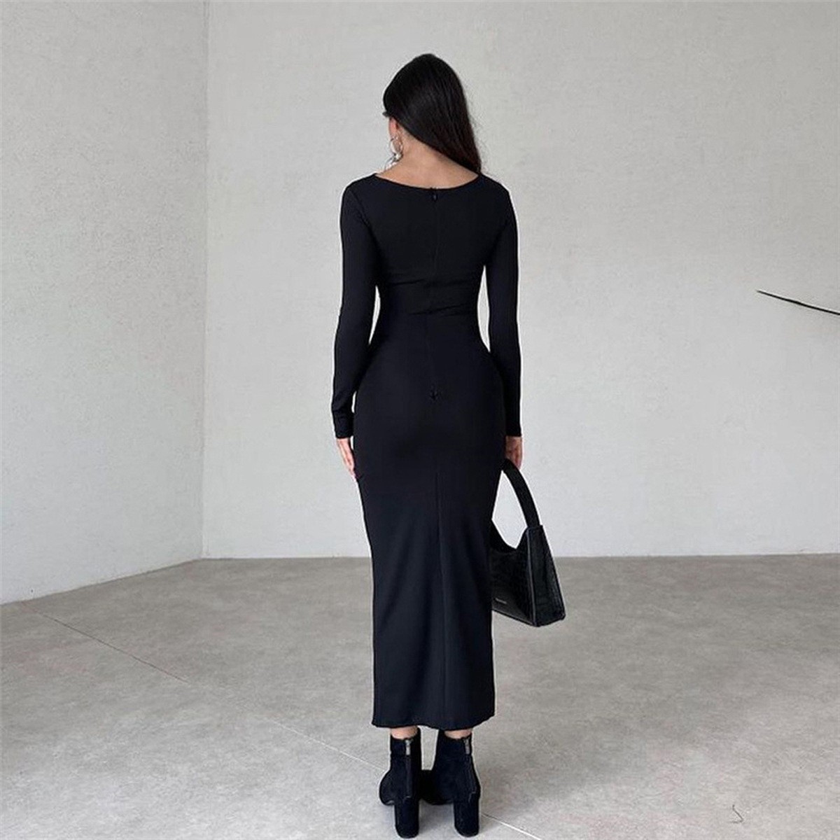 Slim fit solid color temperament long hip hugging dress