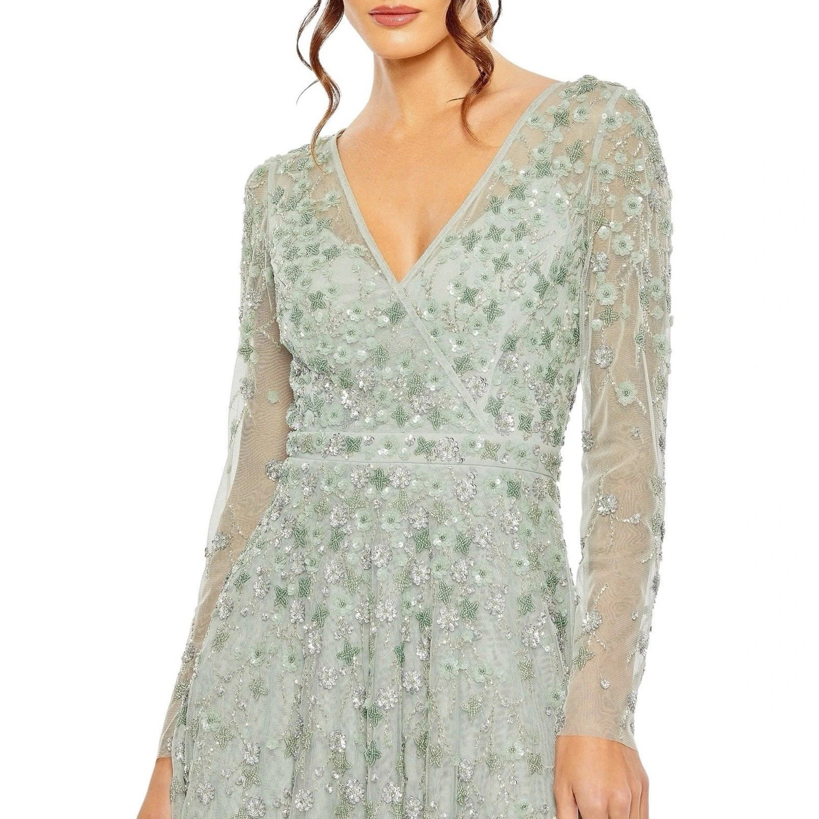 Mac Duggal 9131 Embellished Wrap Over Illusion Long Sleeve Gown Size:16 $798 NWT