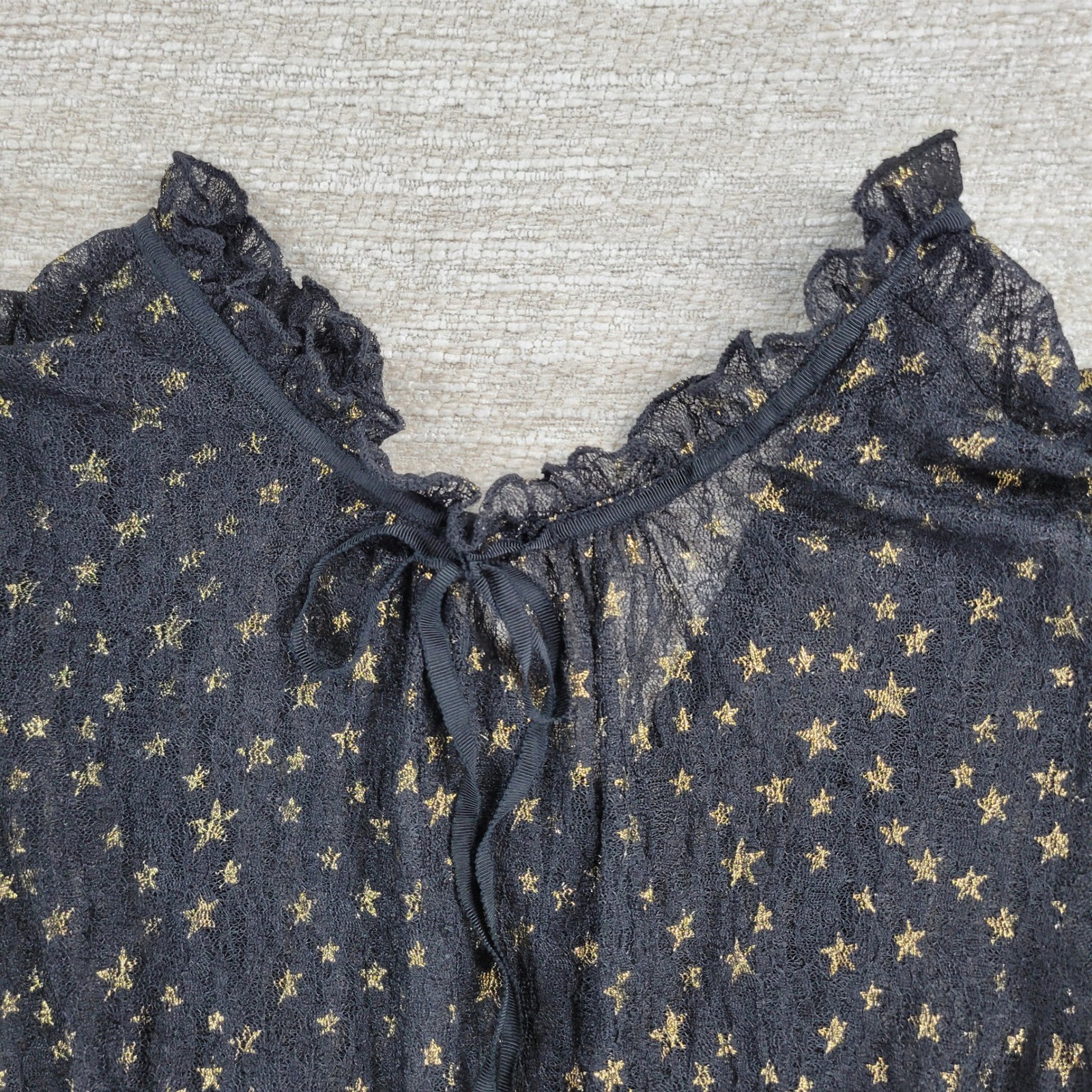 Lost + Wander Estella Metallic Ruffle Mini Dress S Black Sheer Celestial Stars