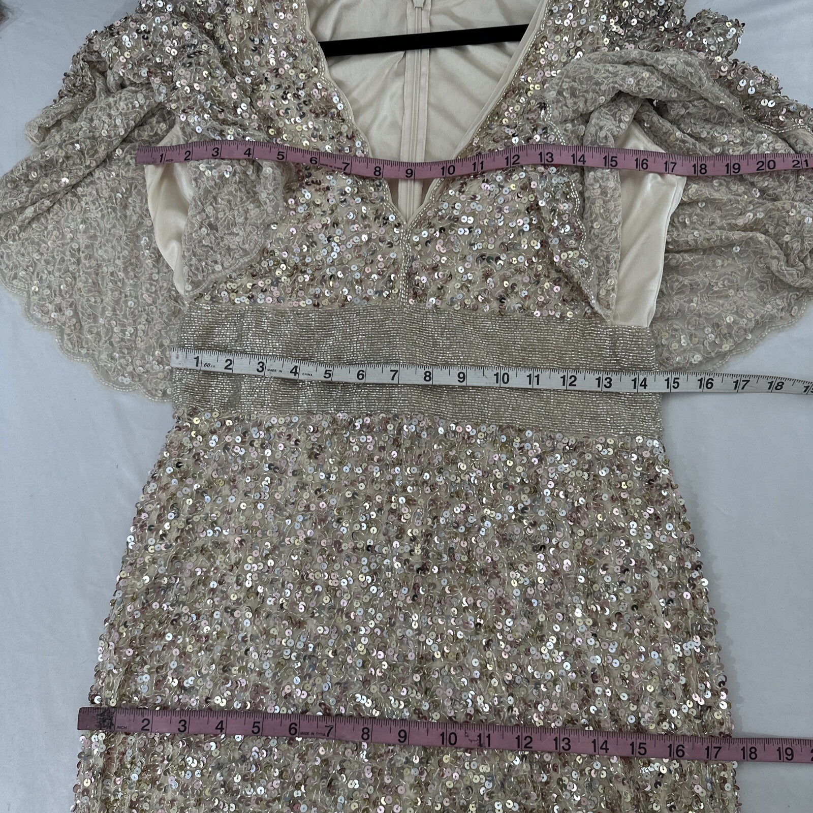 NEW $698 Mac Duggal [ 10 ] Sequined V Neck Cape Sleeve Beaded Gown Nude #Q704