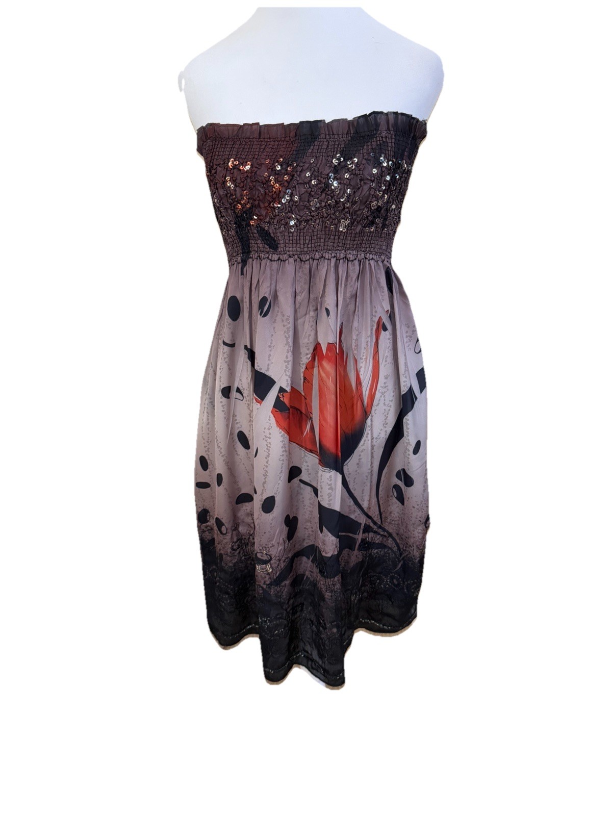 LAPIS ANTHROPOLOGIE Brown Watercolor Floral Strapless Dress + Sequins One Size